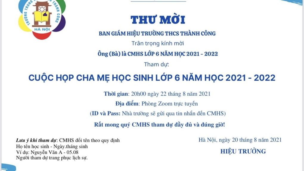 Trường THCS Thành Công trân trọng gửi "thư mời" tới các bậc cha mẹ học sinh lớp 6