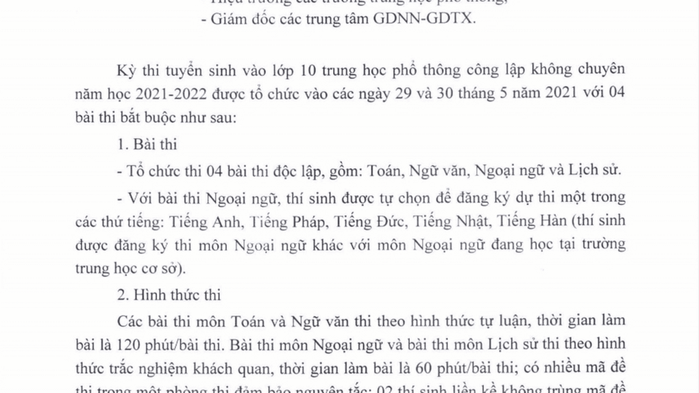 THÔNG BÁO: Các môn kì thi tuyển sinh vào lớp 10 THPT công lập năm học 2021 - 2022 - Lịch Sử là môn thi thứ tư