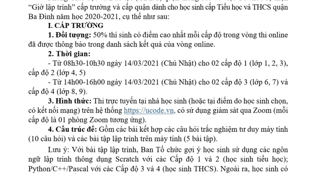 THÔNG BÁO: Về việc tham dự cuộc thi “Giờ lập trình” cấp trường năm học 2020-2021