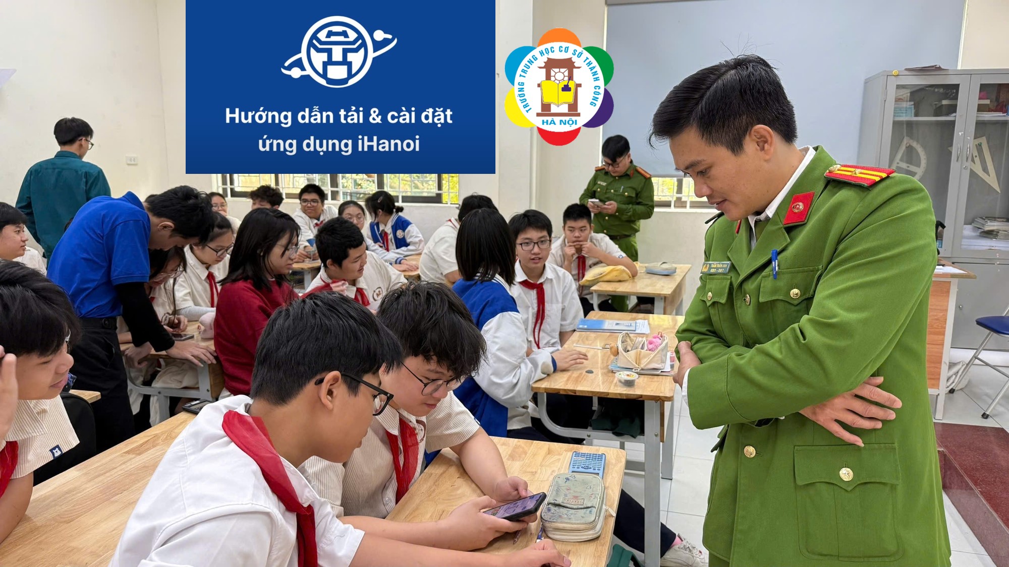 Hướng dẫn học sinh cài đặt ứng dụng iHanoi tại từng lớp học - sự kết hợp sáng tạo, hiệu quả của công an phường và trường THCS Thành Công.