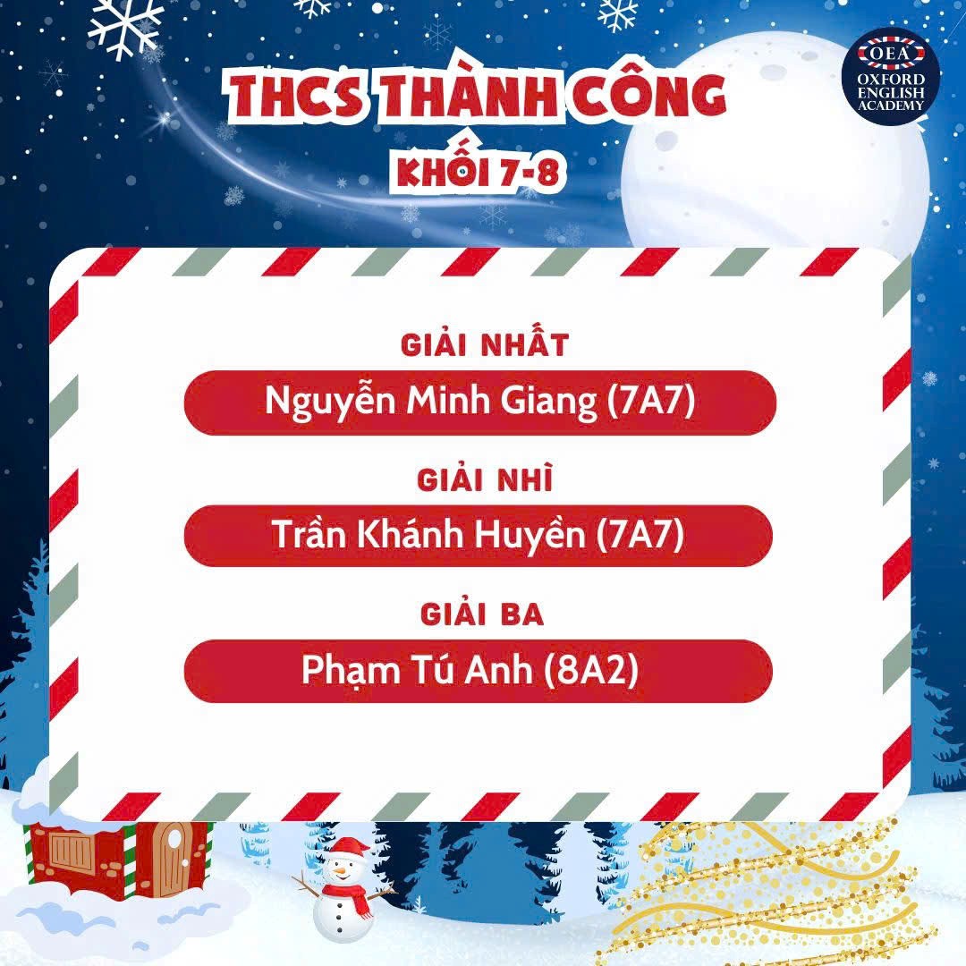 Học sinh lớp 7A7 đạt giải Nhất và Nhì cuộc thi “Viết thư gửi ông già Noel 2024: “Dear Santa, my Christmas wish…” do trung tâm OEA tổ chức.