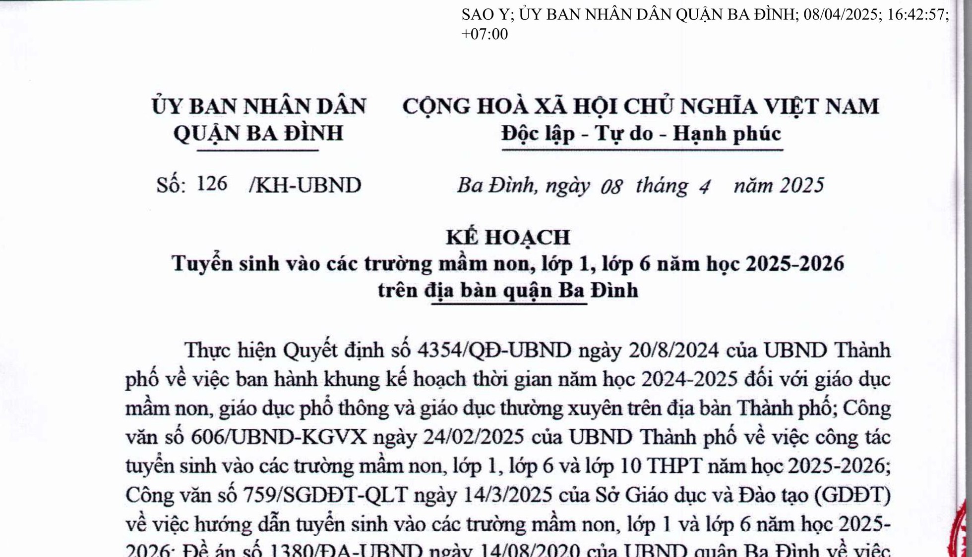 KH tuyến sinh vào các trường mầm non, lớp 1, lớp 6 năm học 2025-2026 trên địa bàn quận Ba Đình