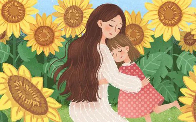 A person and a child hugging in a field of sunflowers

Description automatically generated