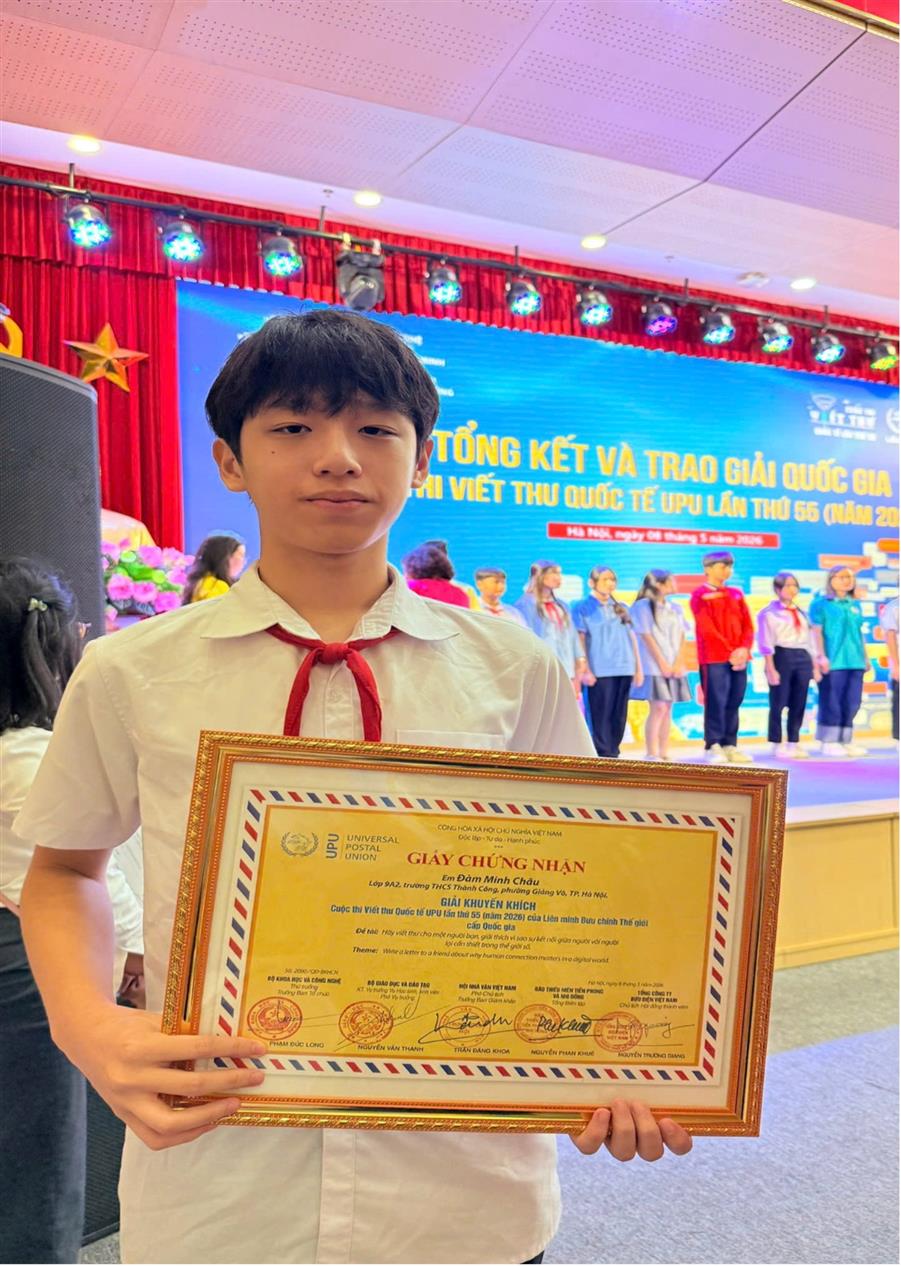 Trường THCS Thành Công tự hào có học sinh đạt giải Quốc gia Cuộc thi viết thư quốc tế UPU lần thứ 55