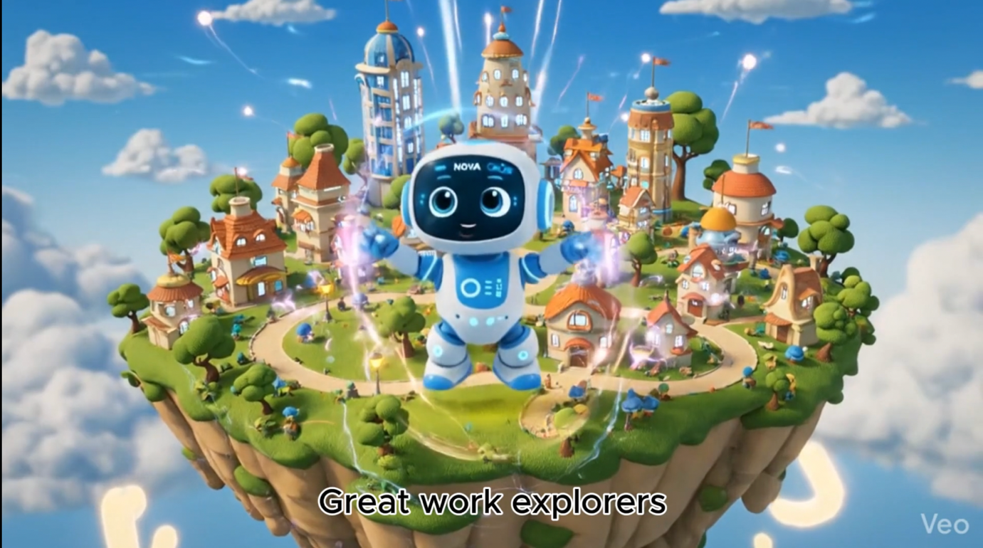 A cartoon character on a floating island

Description automatically generated